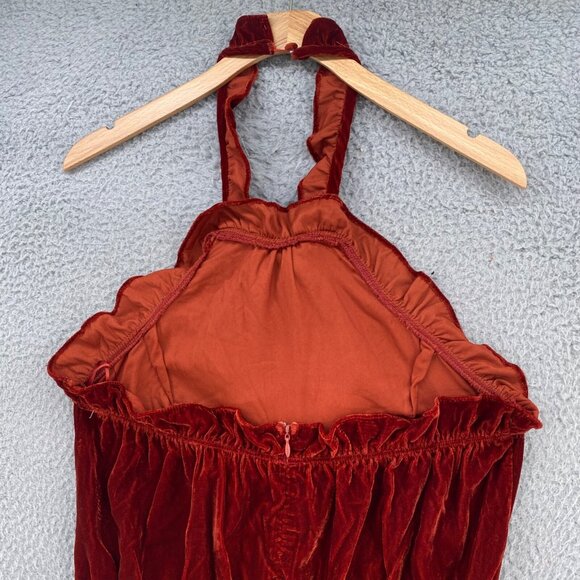 Storia Jumpsuit Womens Medium Rust Red Velvet Halter Neck Ruffle Tie Holiday NWT - Picture 4 of 13